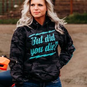 Black Camouflage Hoodie with Blue Text